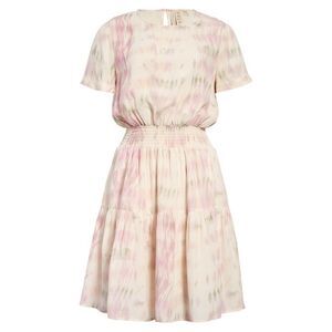 DOLAN Womens Beige Tie Dye Short Sleeve Jewel Neck Short Fit + Flare Dress M